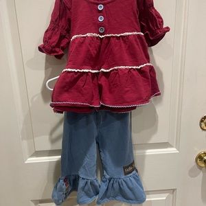 Matilda, Jane, two piece outfit with wide leg, ruffle pants and a matching tunic
